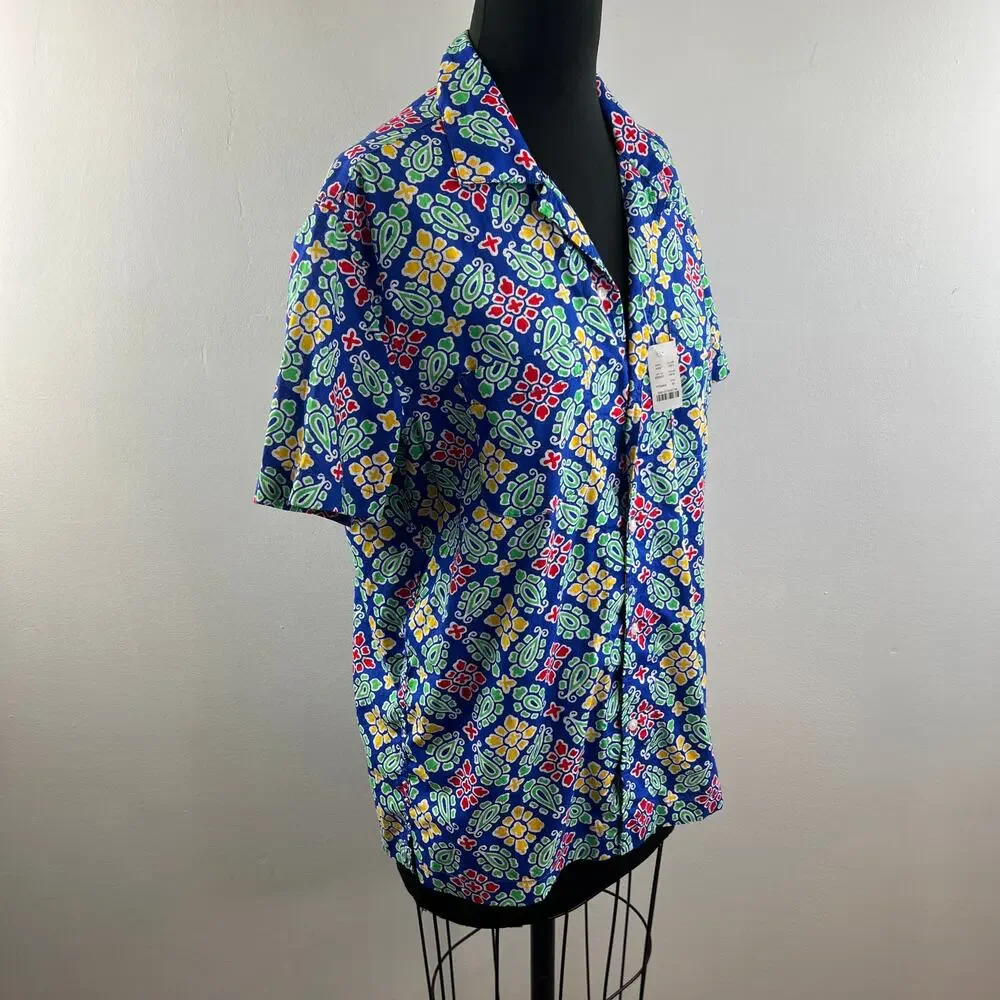 NWT J. Crew Slub Cotton Shirt Camp Collar Blue Floral Print Short Sleeve Size M